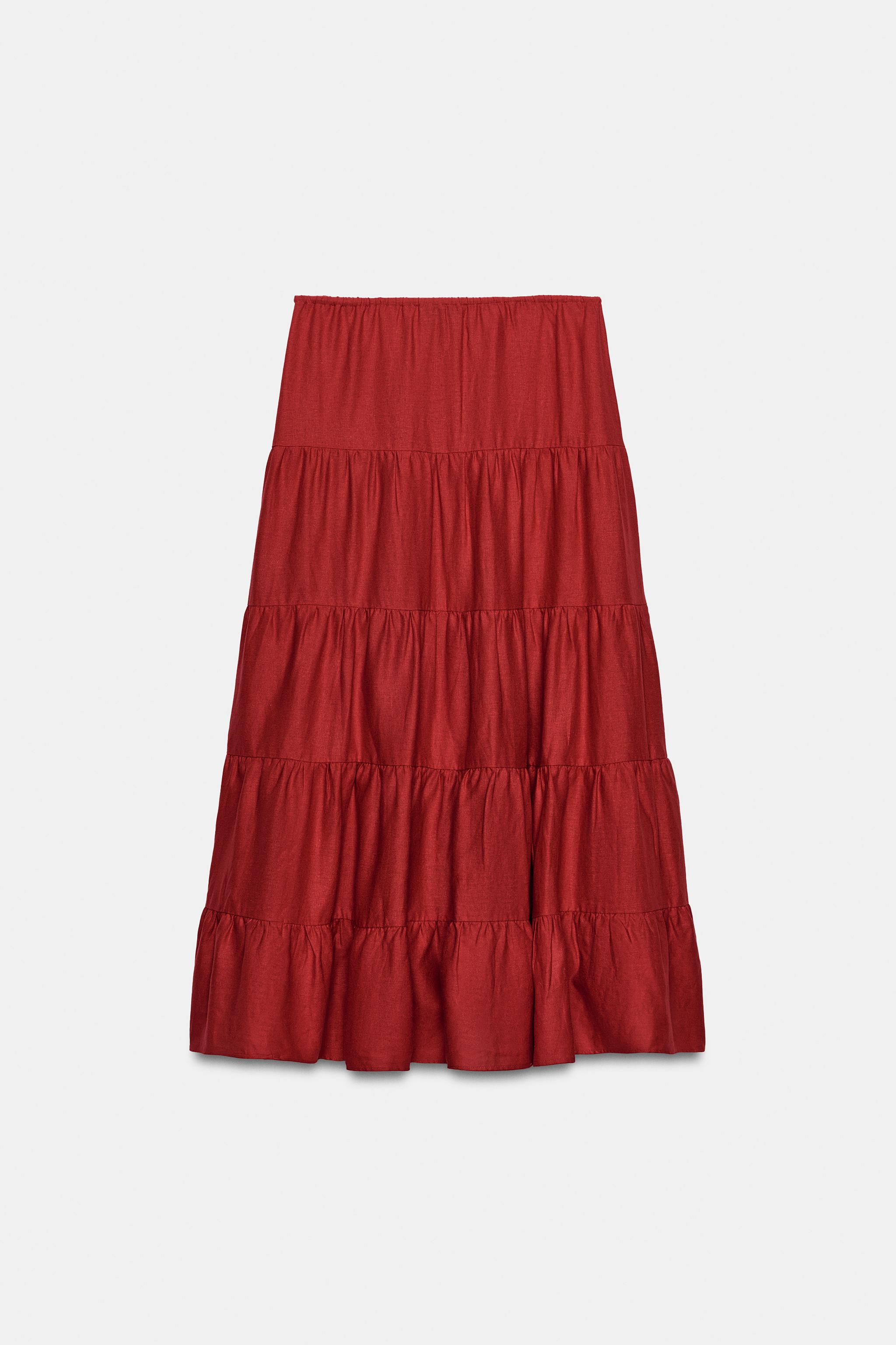LINEN BLEND RUCHED MIDI SKIRT